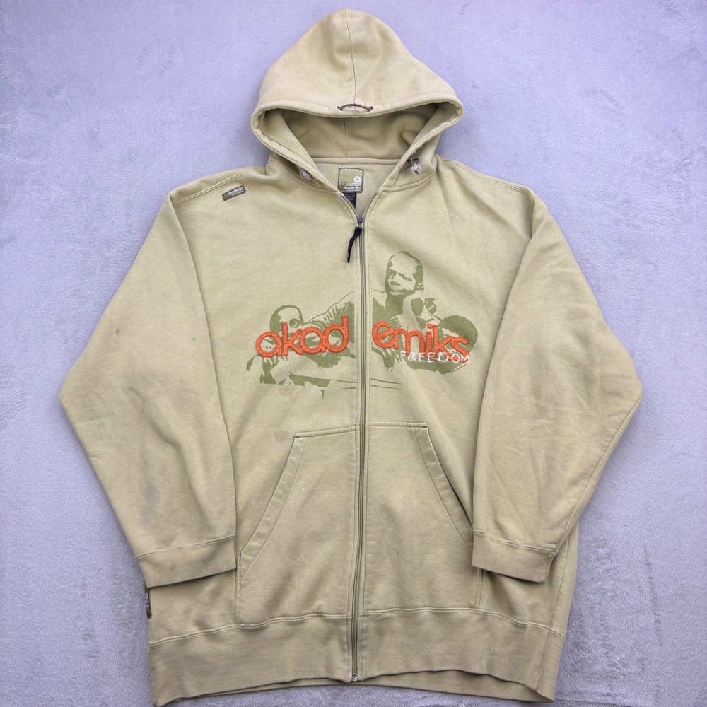 Akademiks Hoodie Mens XXL Tan Freedom Graphic Full Zip Y2K Streetwear Baggy